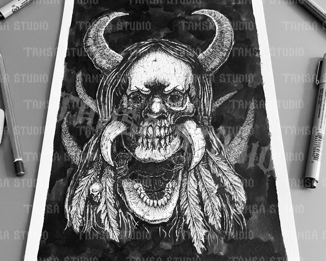 Tribal Skull - One-of-One Hand-Drawn Dark Artwork