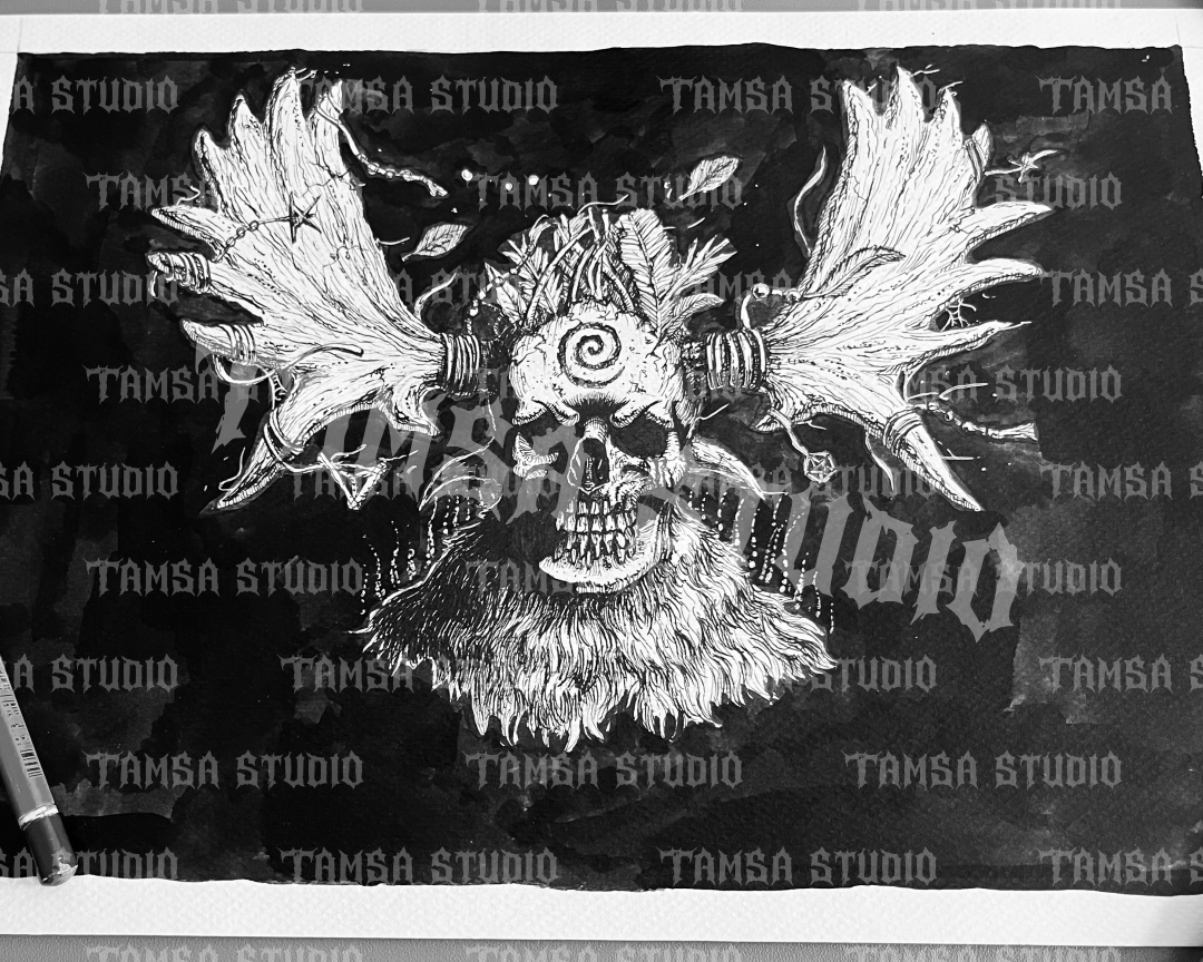Skull With Elk Horns - One-of-One Hand-Drawn Dark Artwork